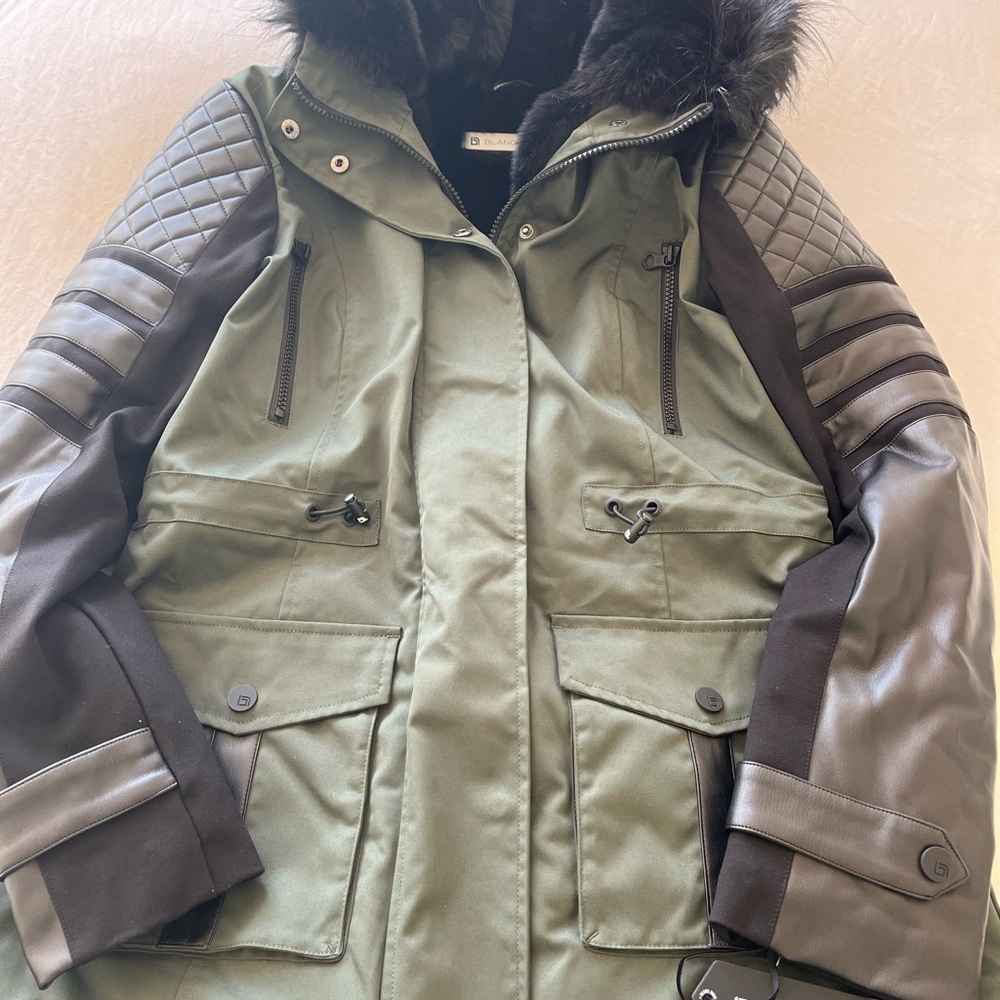 NWT blanc noir coat women small dark green faux fur with faux leather STUNNER - Picture 6 of 6